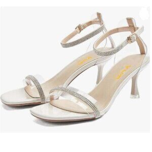 XYD White Open Toe Low Heels Ankle Strap Rhinestone Clear Sandals